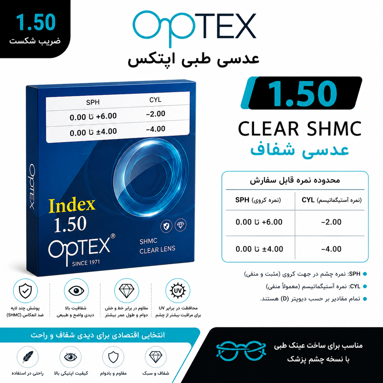عدسی طبی اپتکس OPTEX 1.50 Clear SHMC