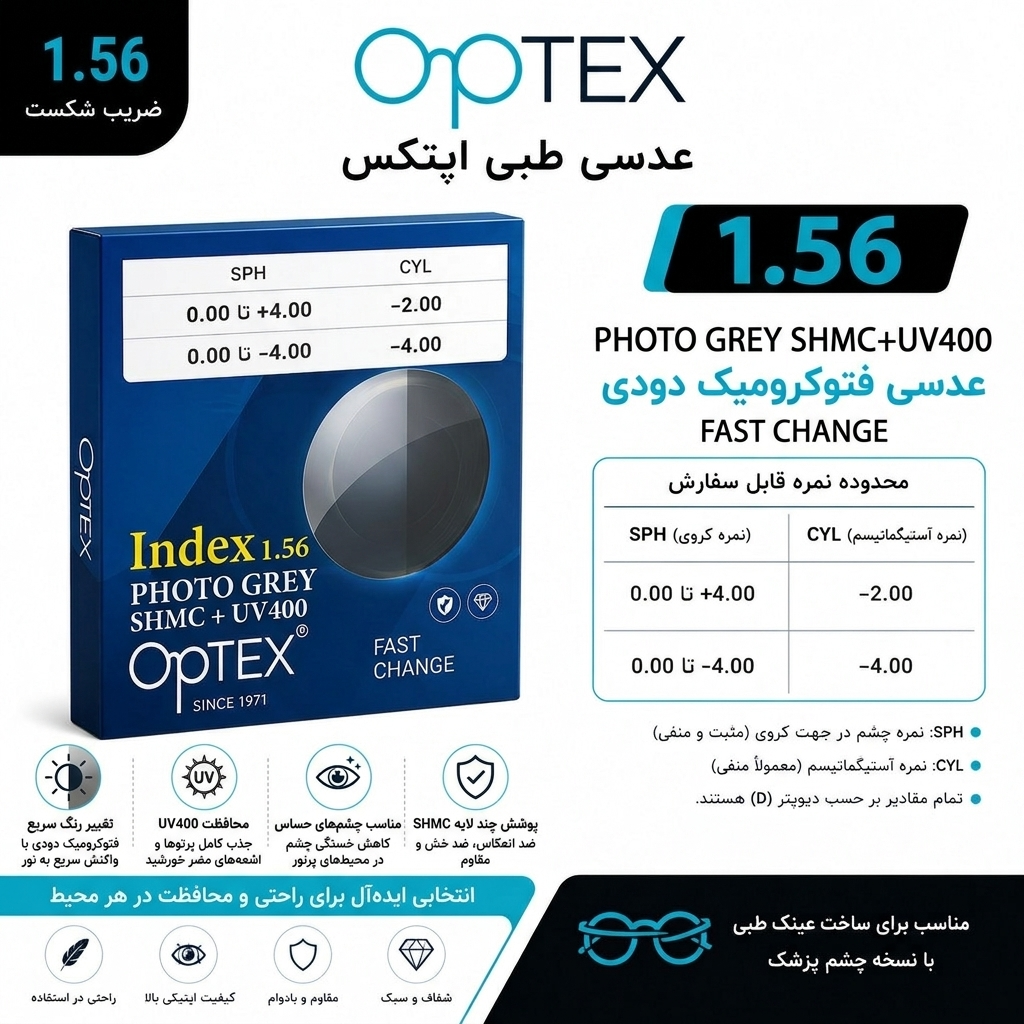 عدسی فتوکرومیک اپتکس OPTEX Photo Grey 1.56 SHMC+UV400