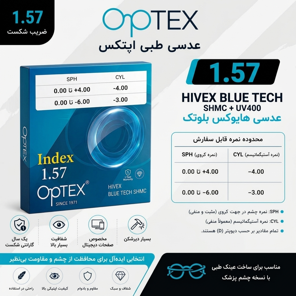 عدسی طبی اپتکس OPTEX Hivex 1.57 Blue Tech SHMC+UV400