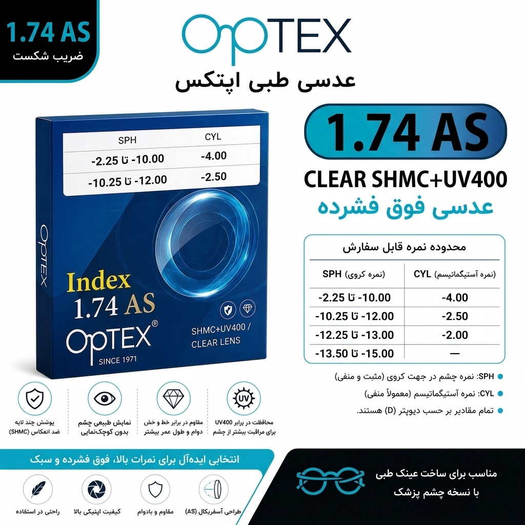 عدسی طبی فوق‌نازک اپتکس OPTEX 1.74 AS Clear SHMC+UV400
